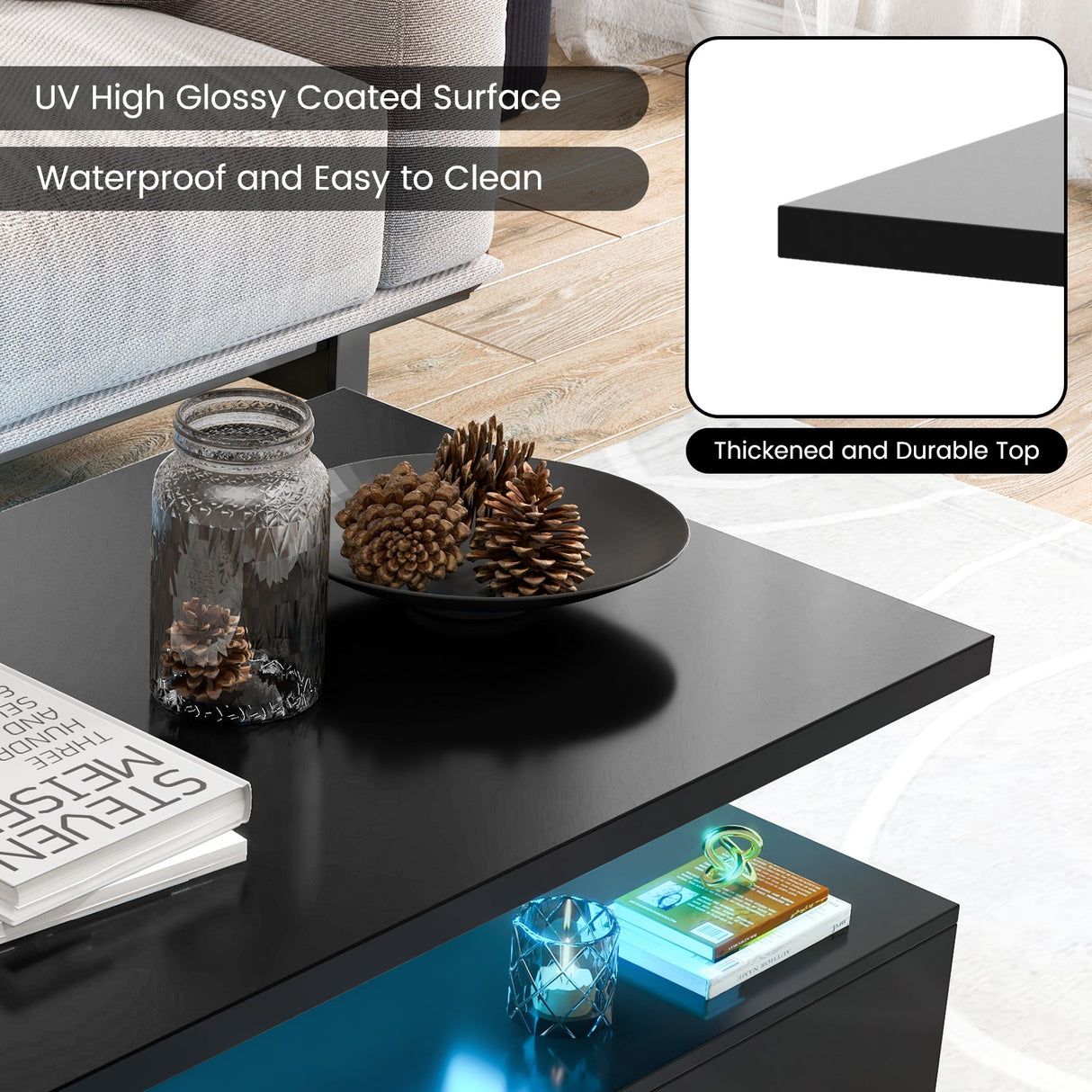 Mesa moderna de dos niveles con acabado brillante y colores de luz ajustables para sala de estar