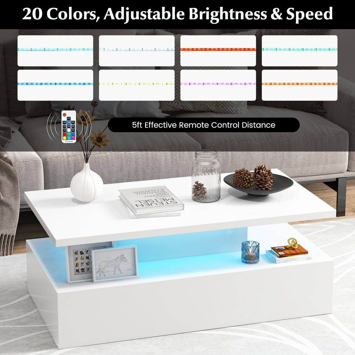 Mesa moderna de dos niveles con acabado brillante y colores de luz ajustables para sala de estar