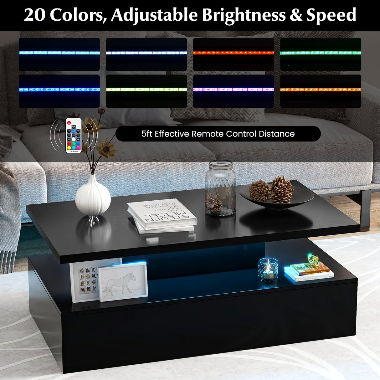 Mesa moderna de dos niveles con acabado brillante y colores de luz ajustables para sala de estar