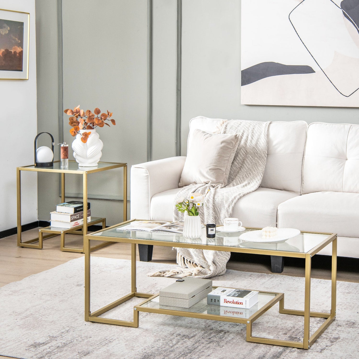 Modern 2-Tier Rectangular Coffee Table with Glass Table Top