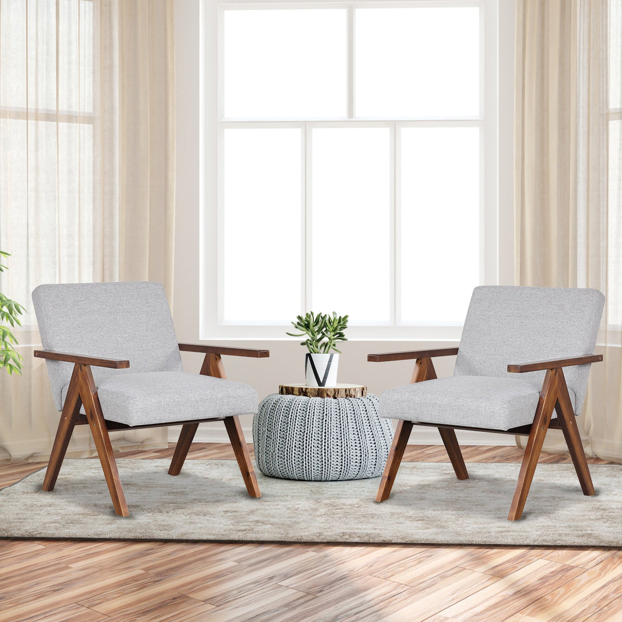Sillón moderno de tela de lino con estructura de madera maciza de acacia