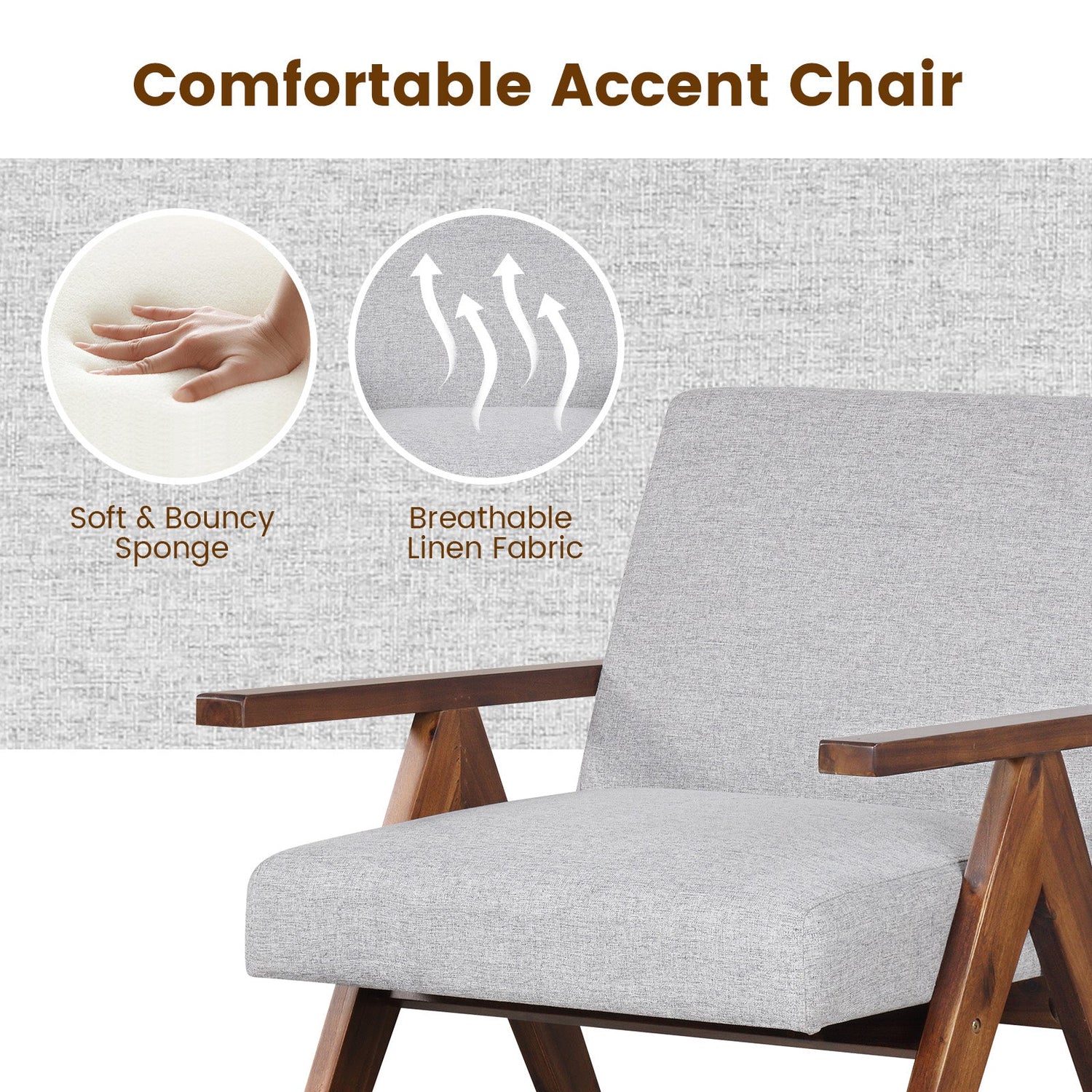 Sillón moderno de tela de lino con estructura de madera maciza de acacia