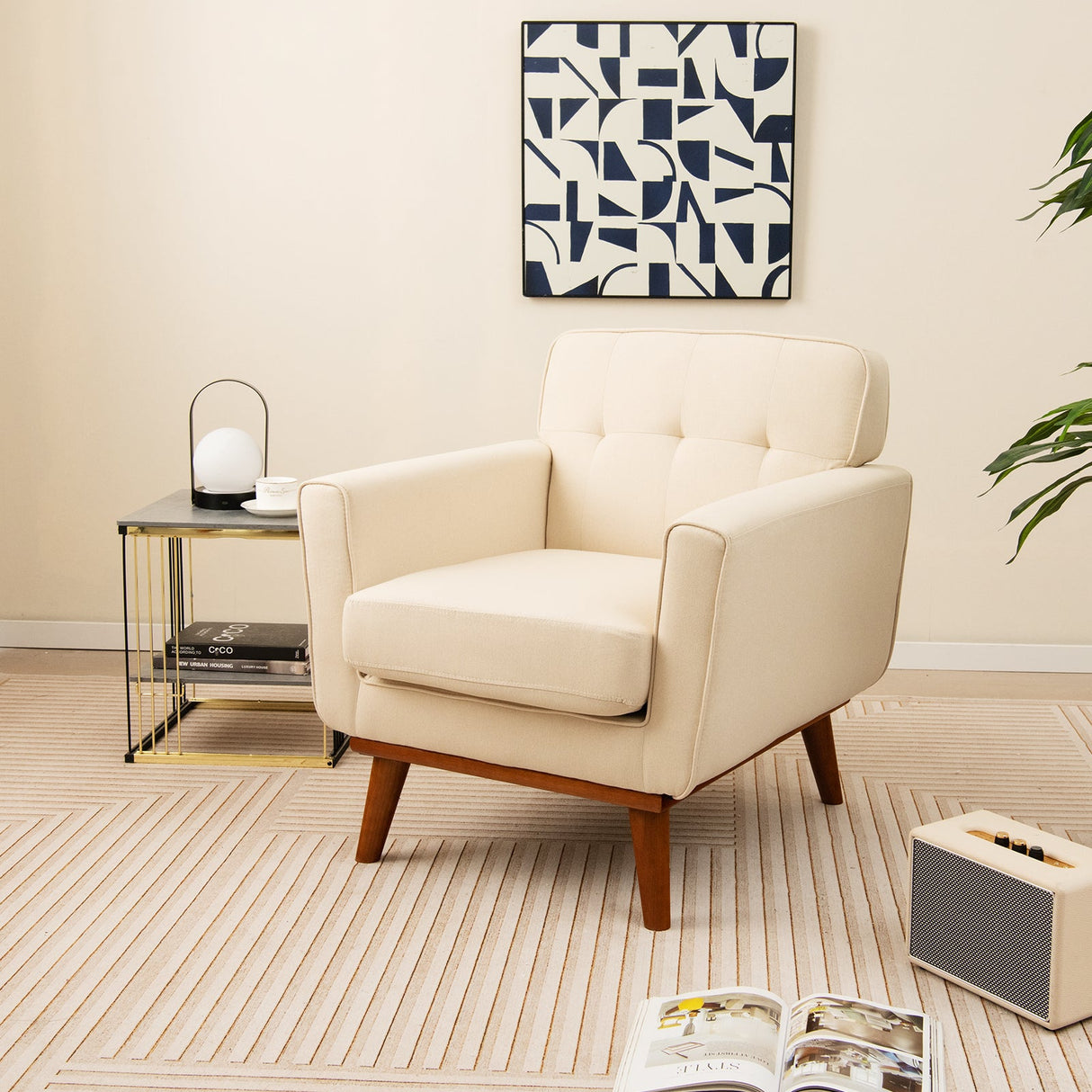 Sillón moderno tapizado en tela de lino con cojín de asiento acolchado extraíble