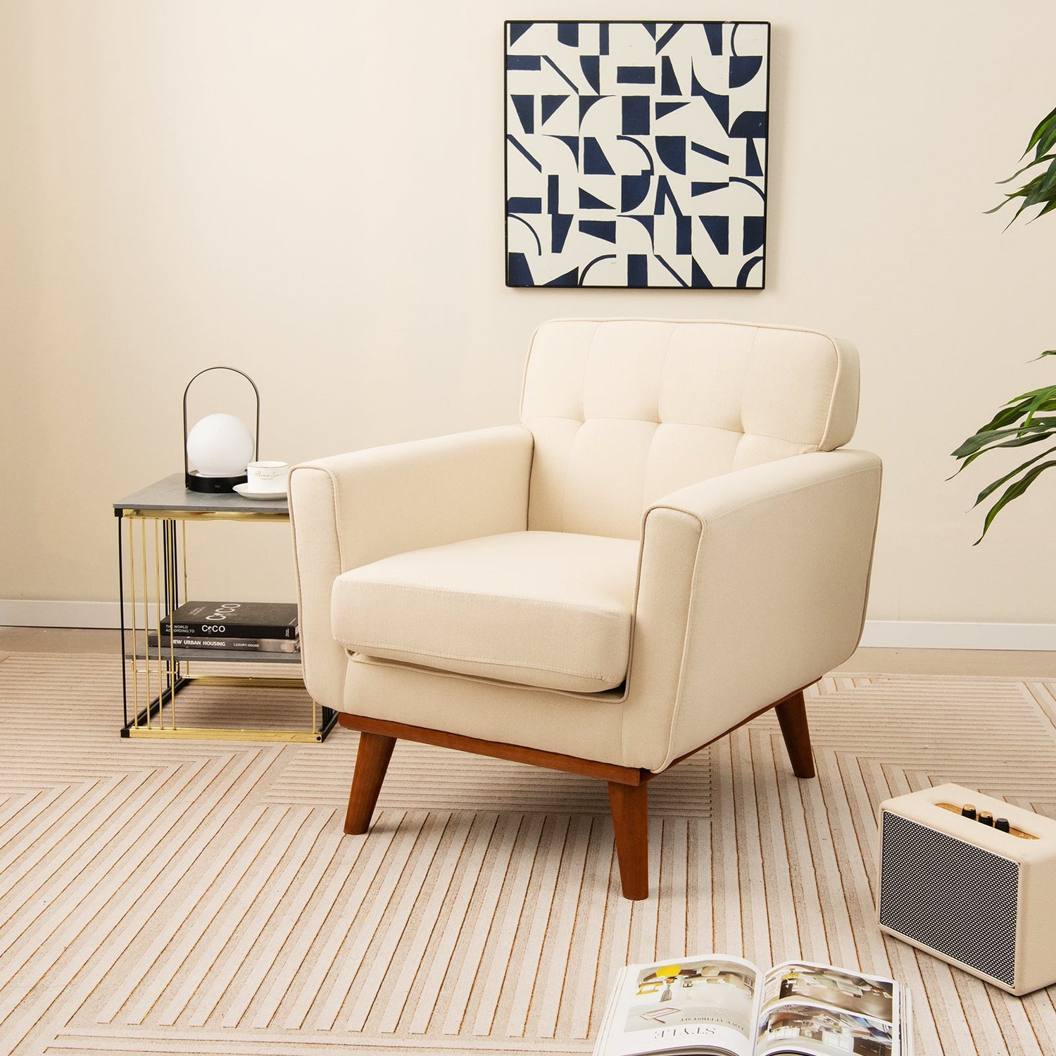 Sillón moderno tapizado en tela de lino con cojín de asiento acolchado extraíble