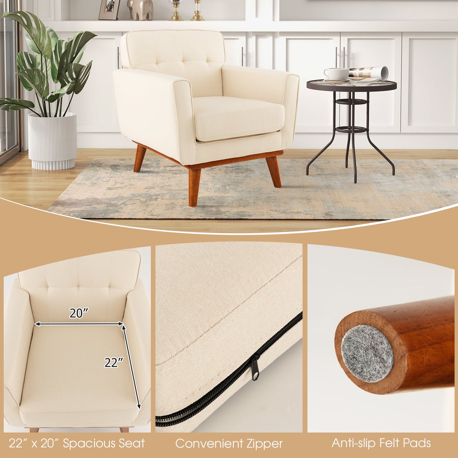 Sillón moderno tapizado en tela de lino con cojín de asiento acolchado extraíble