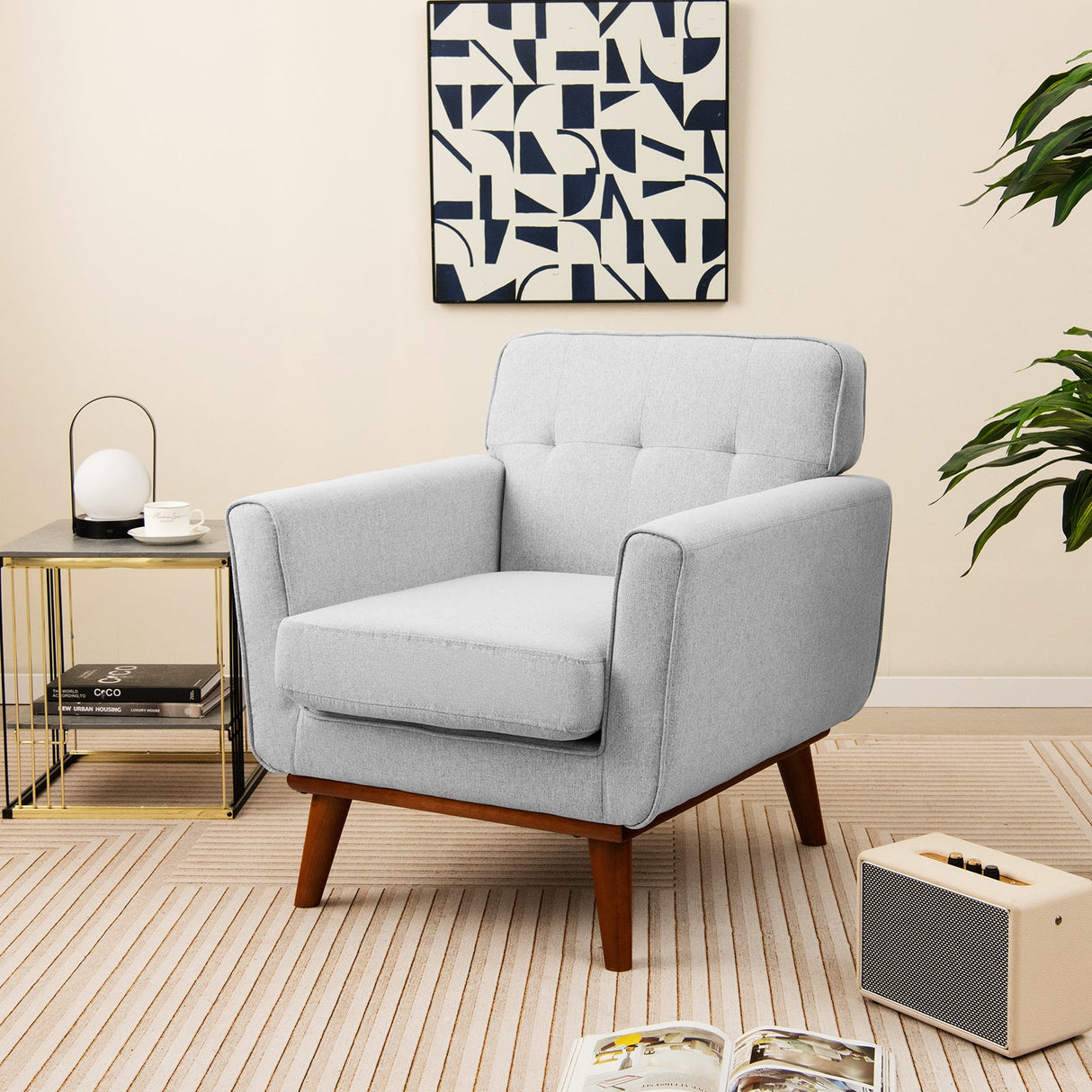 Sillón moderno tapizado en tela de lino con cojín de asiento acolchado extraíble