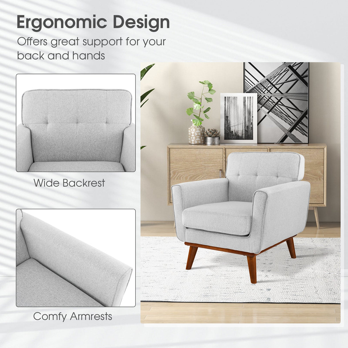 Sillón moderno tapizado en tela de lino con cojín de asiento acolchado extraíble