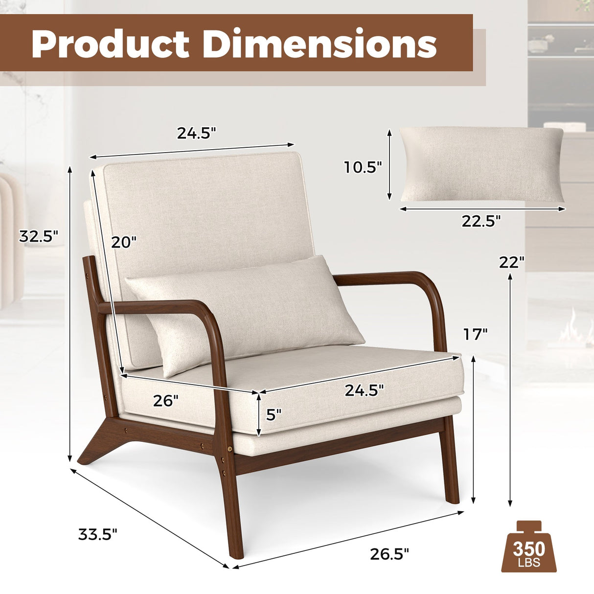 Sillón moderno con reposabrazos de madera de caucho y respaldo extraíble