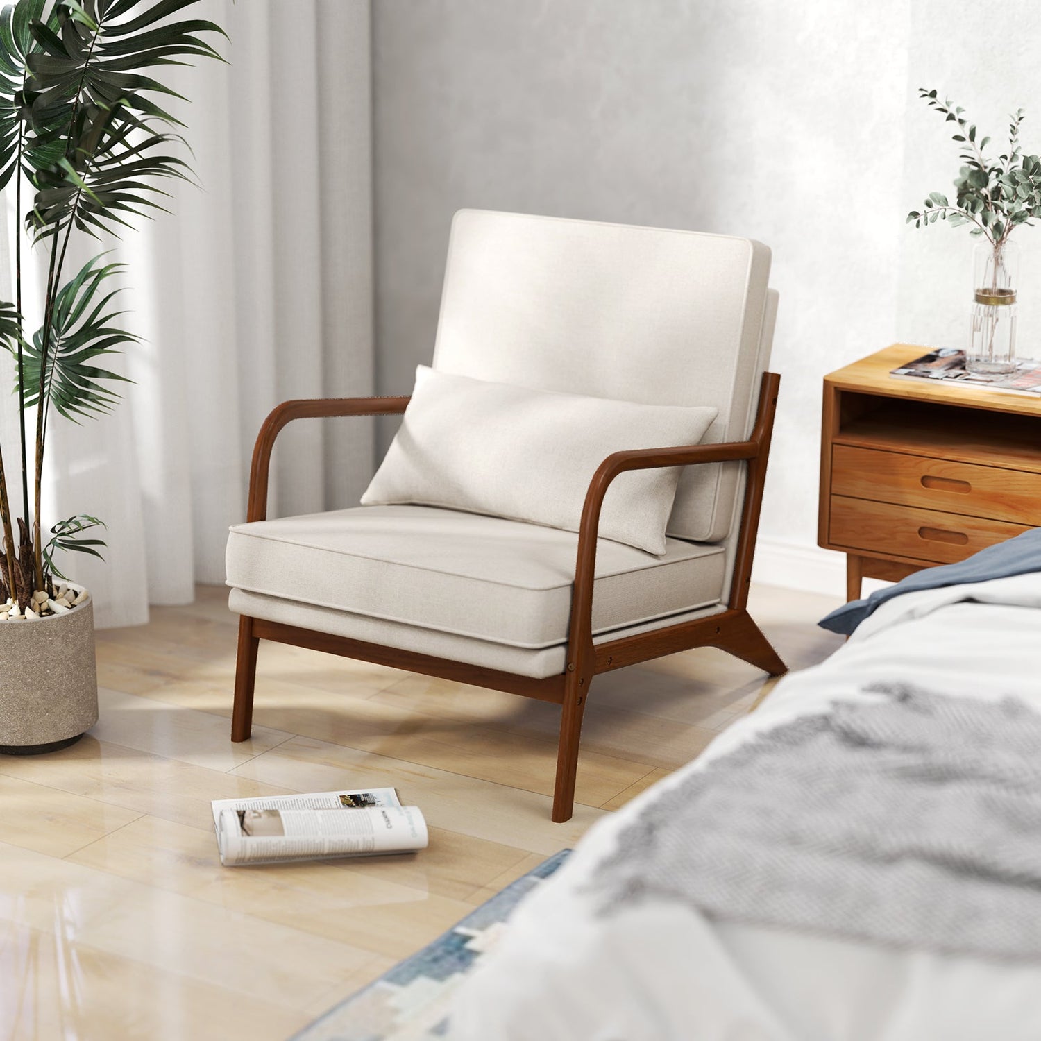Sillón moderno con reposabrazos de madera de caucho y respaldo extraíble