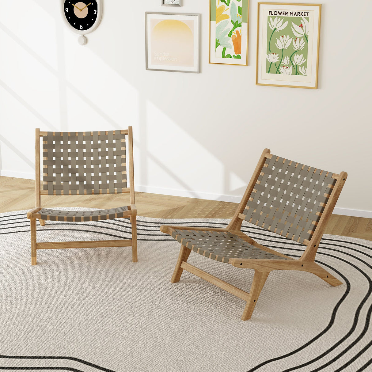 Modern Armless Teak Wood Lounge Chair with Nylon Woven Backrest and Seat