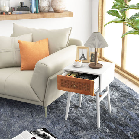 Mesa de Noche Moderna con 1 Cajón y Patas de Madera Maciza