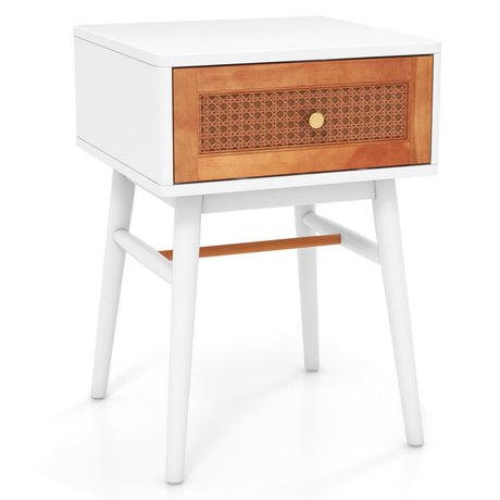 Mesa de Noche Moderna con 1 Cajón y Patas de Madera Maciza