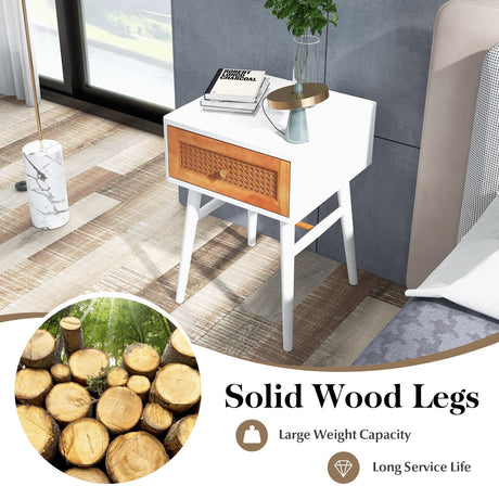 Mesa de Noche Moderna con 1 Cajón y Patas de Madera Maciza