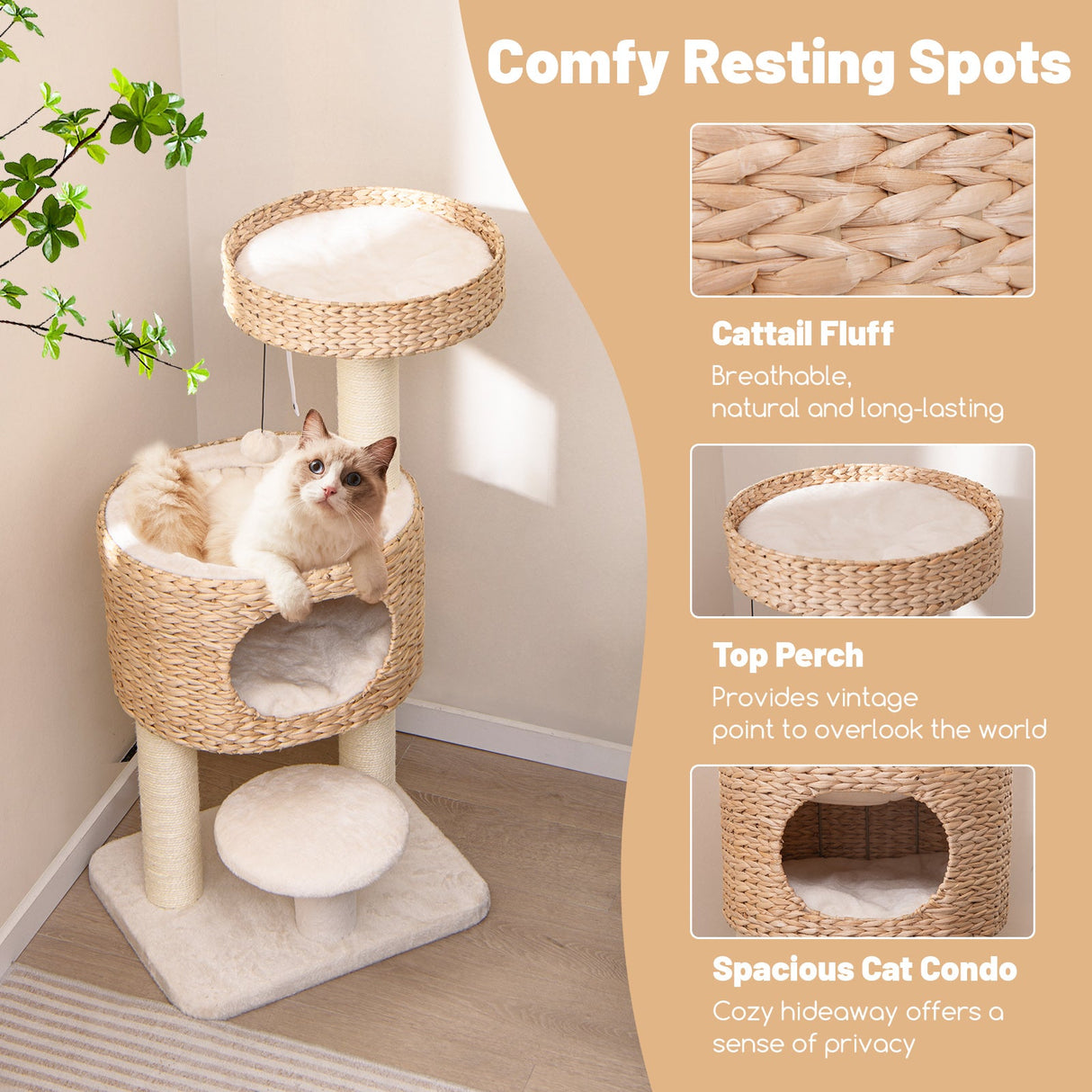 Torre Moderna para Gatos, Árbol para Gatos con Plataforma Superior, Condominio de Felpa de Espiga de Gato-Natural