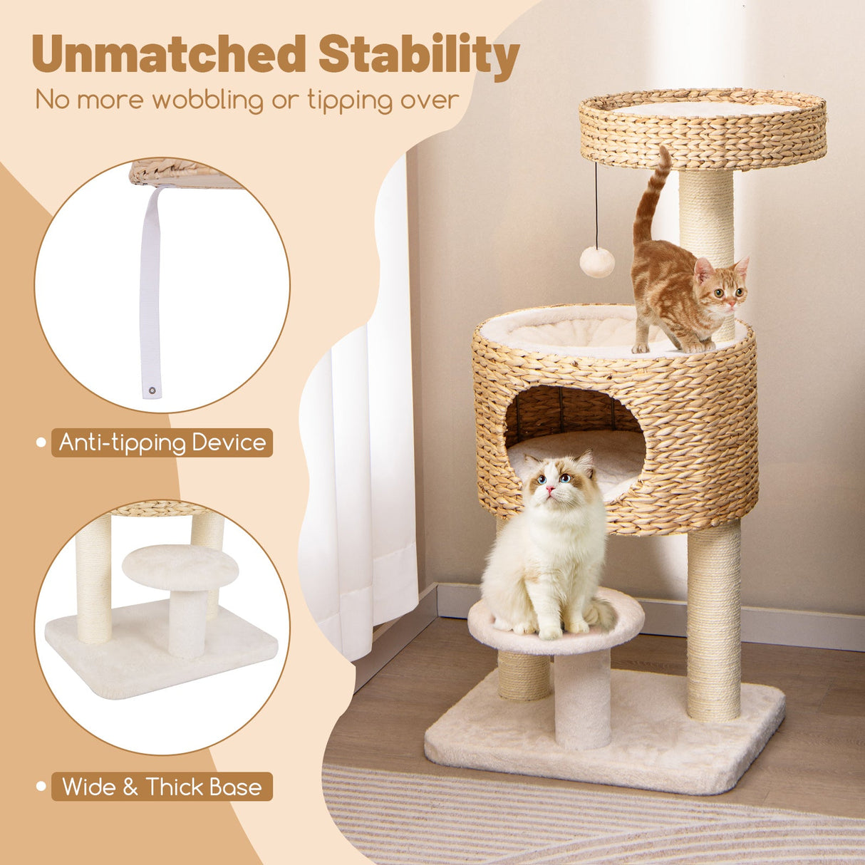 Torre Moderna para Gatos, Árbol para Gatos con Plataforma Superior, Condominio de Felpa de Espiga de Gato-Natural