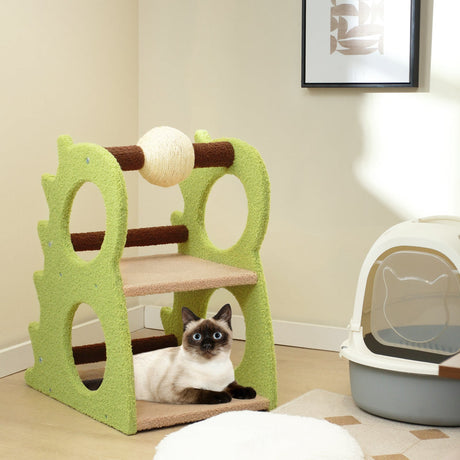 Árbol rascador moderno de 2 niveles para gatos de interior con bola rascadora de sisal giratoria - Verde