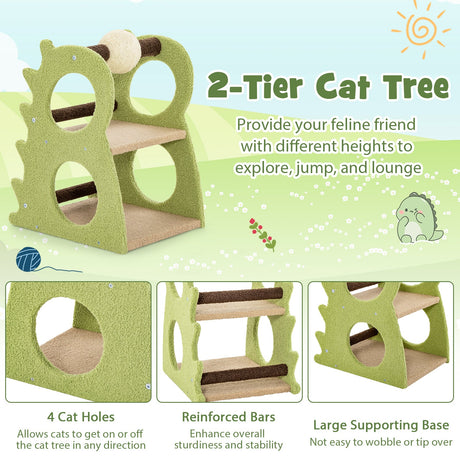 Árbol rascador moderno de 2 niveles para gatos de interior con bola rascadora de sisal giratoria - Verde