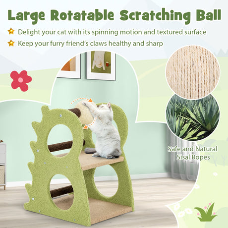 Árbol rascador moderno de 2 niveles para gatos de interior con bola rascadora de sisal giratoria - Verde