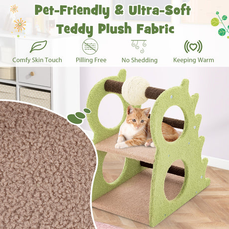 Árbol rascador moderno de 2 niveles para gatos de interior con bola rascadora de sisal giratoria - Verde