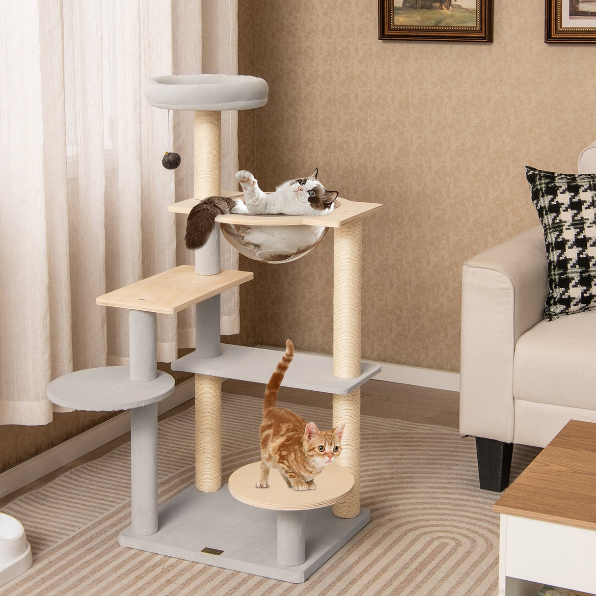 Árbol de gato moderno de 44 pulgadas, torre de gato de varios niveles con percha superior acolchada extraíble - Natural