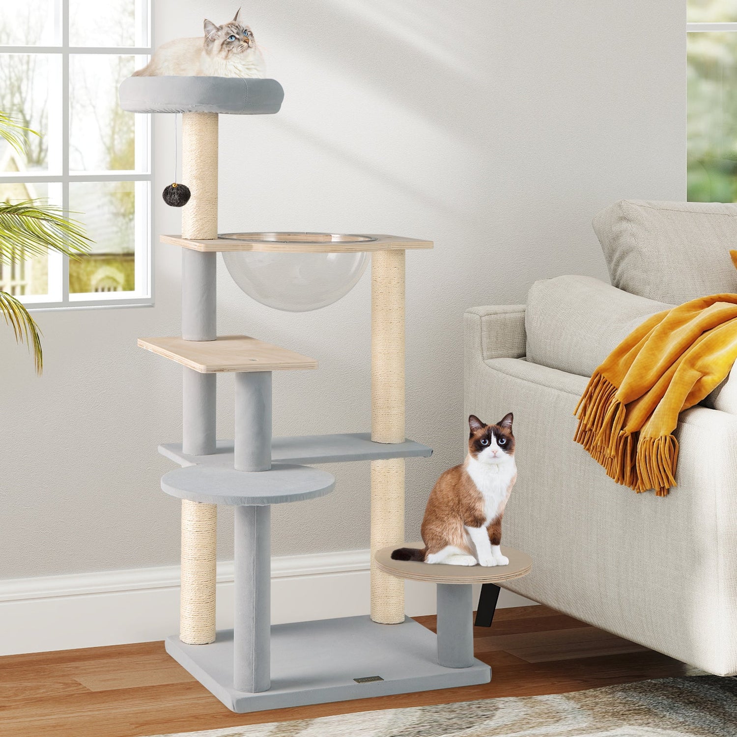 Árbol de gato moderno de 44 pulgadas, torre de gato de varios niveles con percha superior acolchada extraíble - Natural