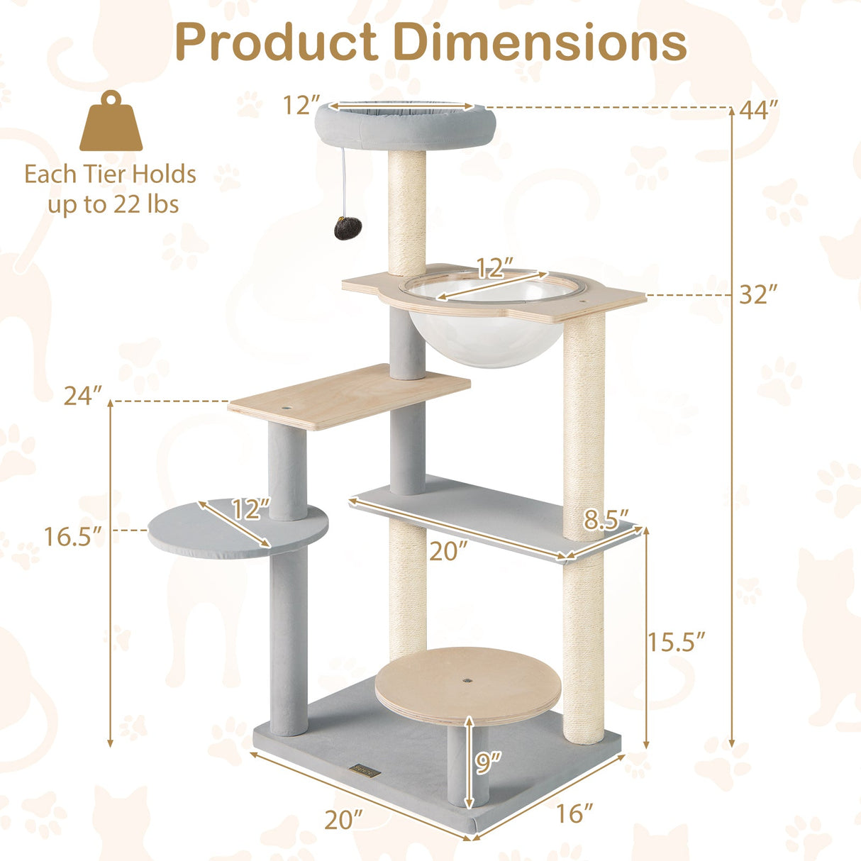 Árbol de gato moderno de 44 pulgadas, torre de gato de varios niveles con percha superior acolchada extraíble - Natural