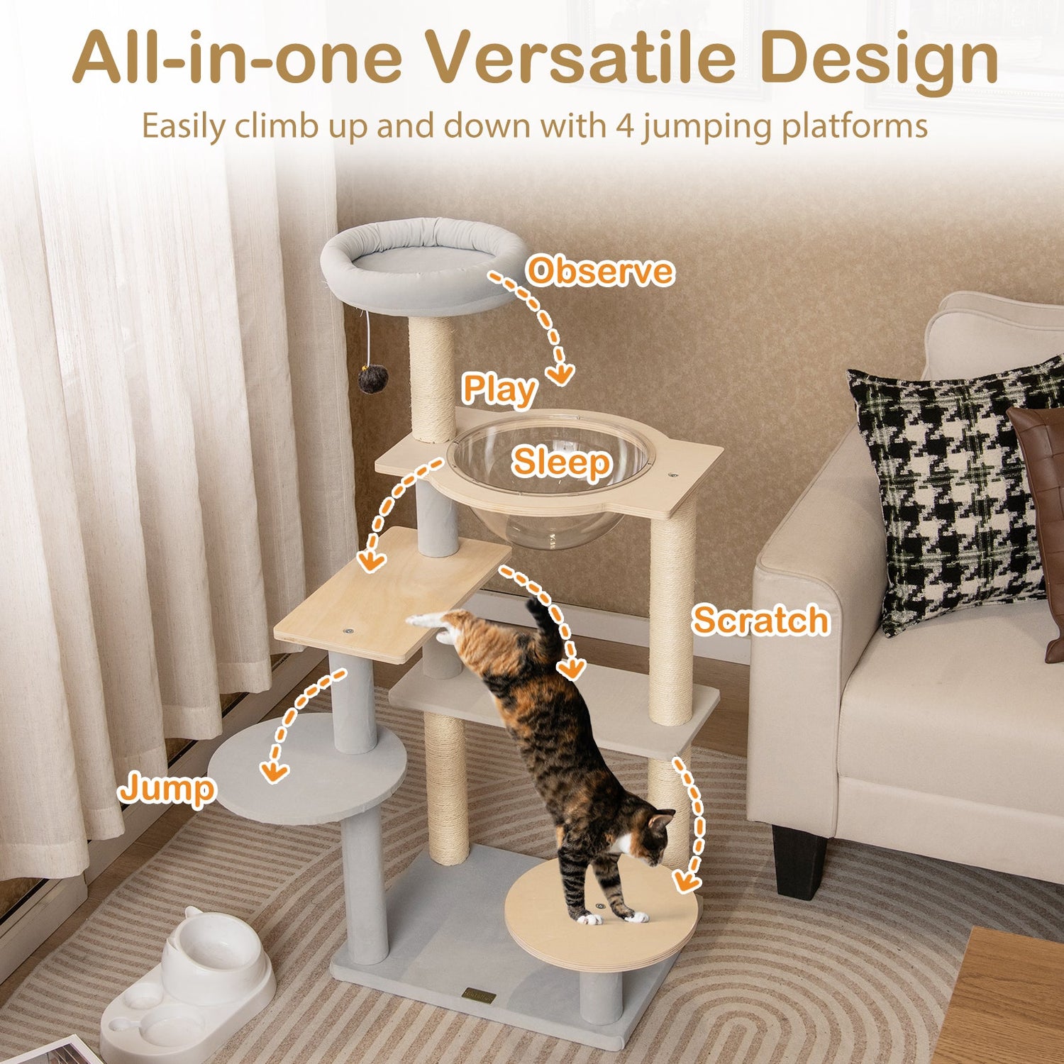 Árbol de gato moderno de 44 pulgadas, torre de gato de varios niveles con percha superior acolchada extraíble - Natural