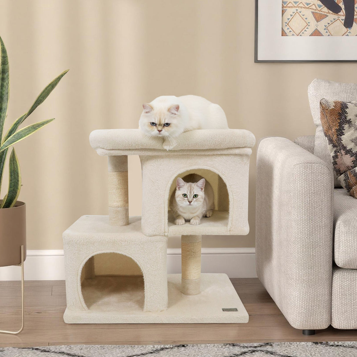 Árbol rascador moderno para gatos con rascador de ahorro de espacio con percha tapizada y 2 condominios para gatos