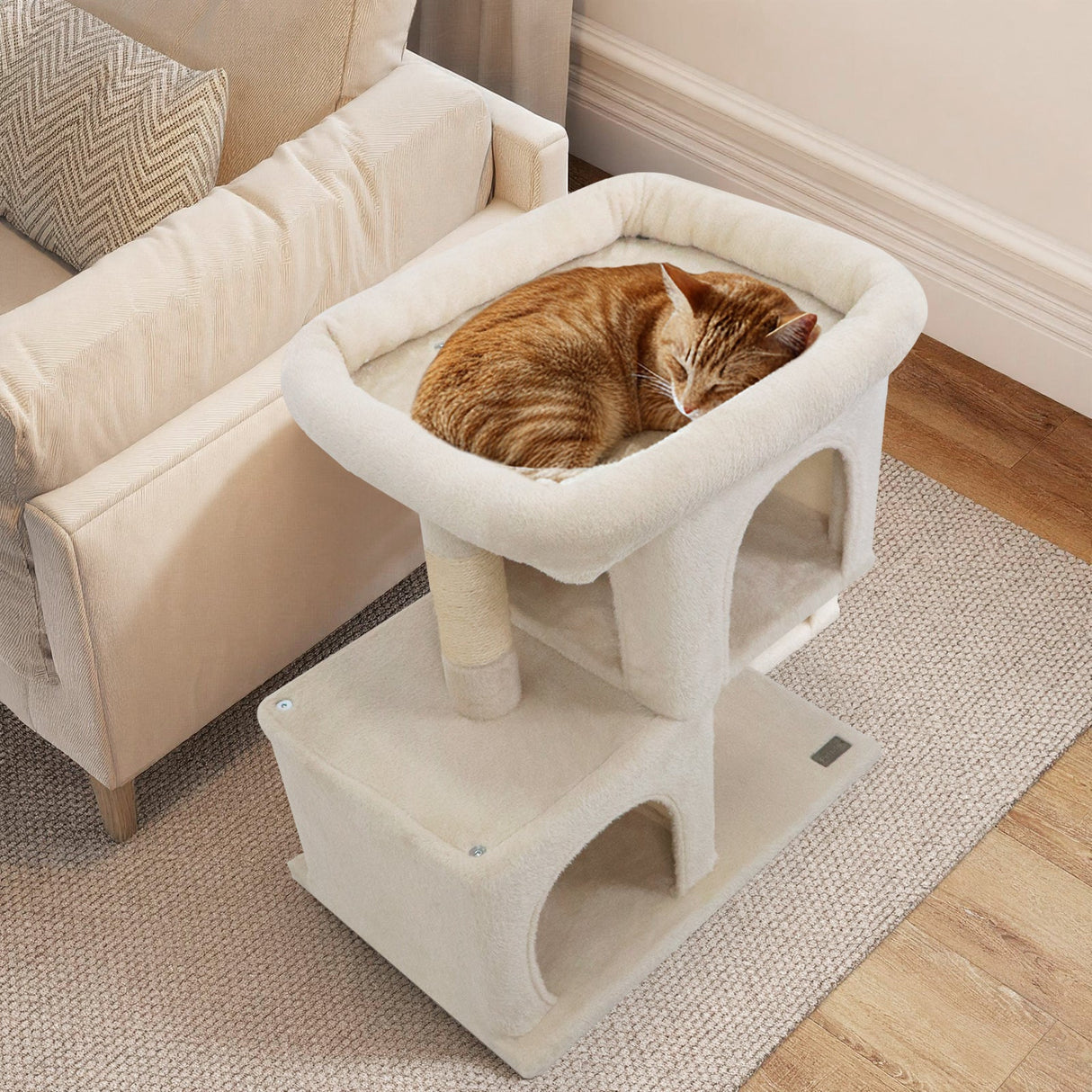 Árbol rascador moderno para gatos con rascador de ahorro de espacio con percha tapizada y 2 condominios para gatos