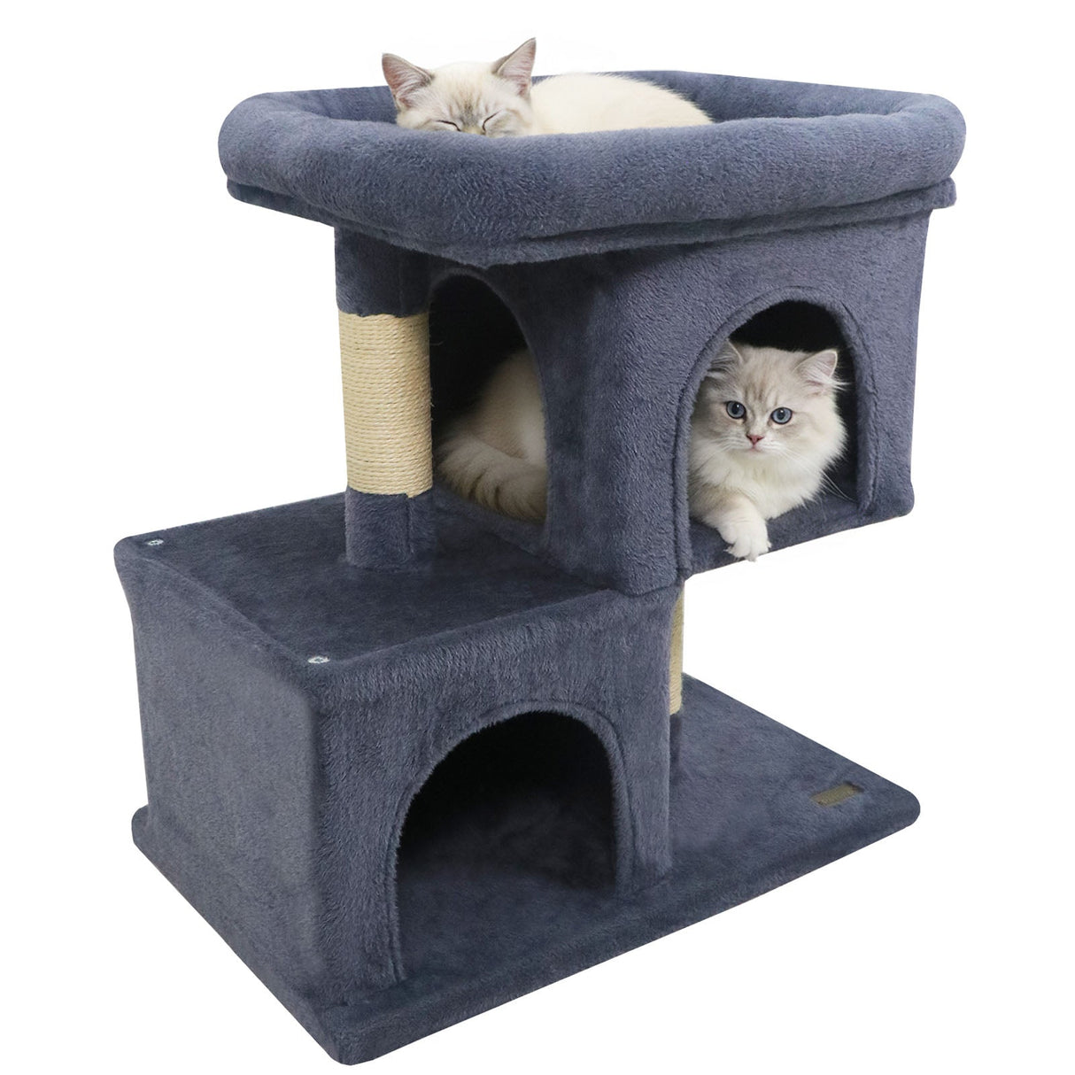 Árbol rascador moderno para gatos con rascador de ahorro de espacio con percha tapizada y 2 condominios para gatos