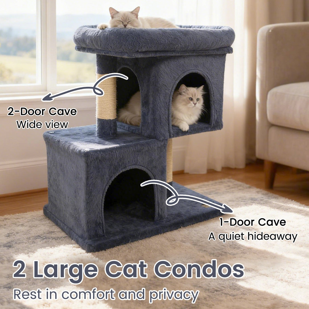 Árbol rascador moderno para gatos con rascador de ahorro de espacio con percha tapizada y 2 condominios para gatos