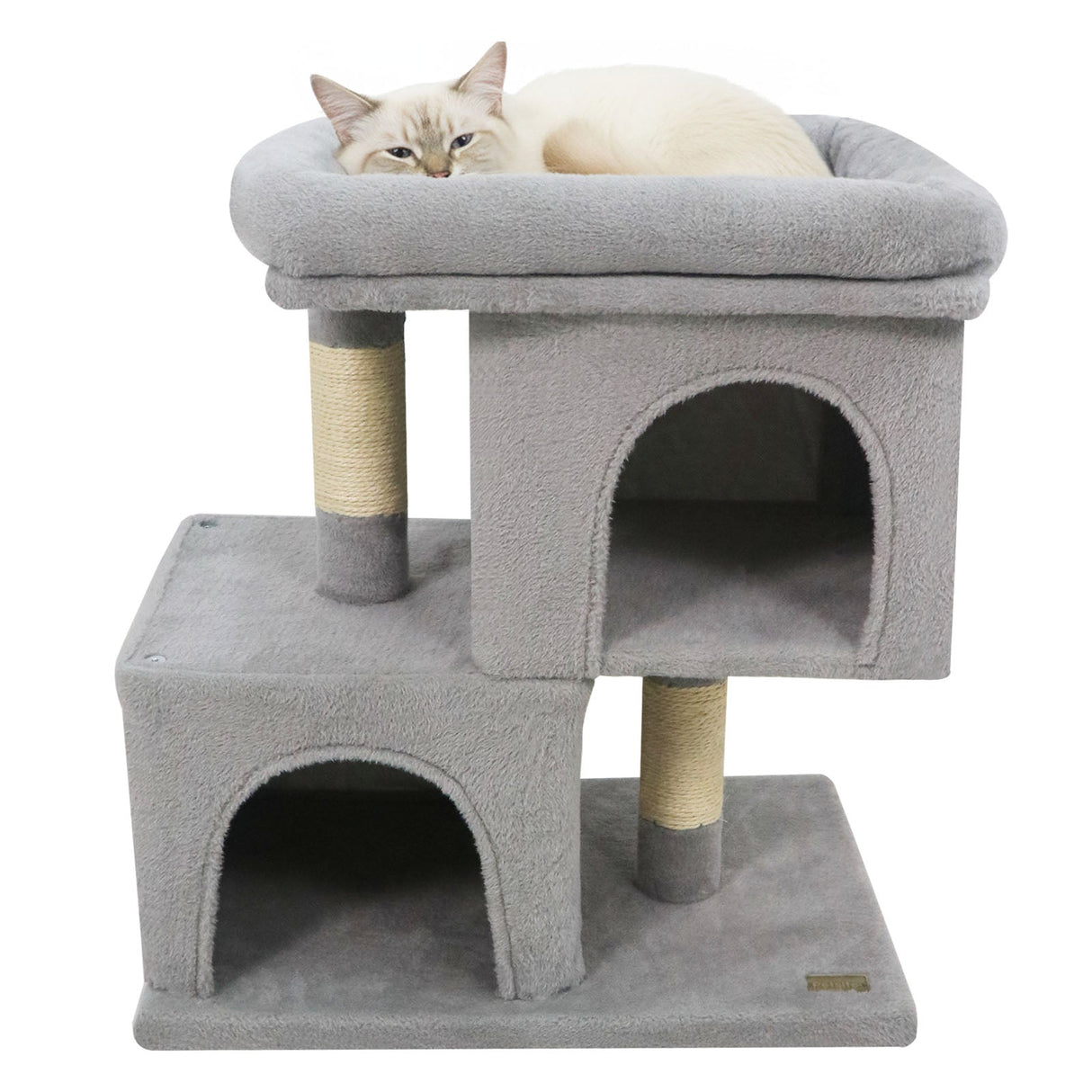 Árbol rascador moderno para gatos con rascador de ahorro de espacio con percha tapizada y 2 condominios para gatos