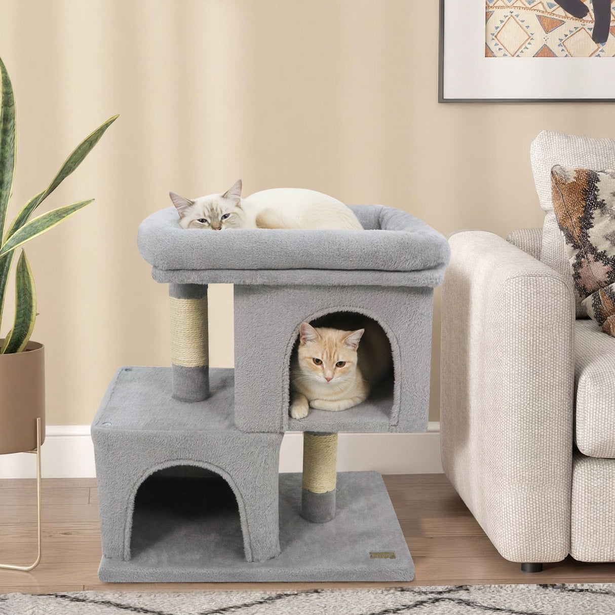 Árbol rascador moderno para gatos con rascador de ahorro de espacio con percha tapizada y 2 condominios para gatos