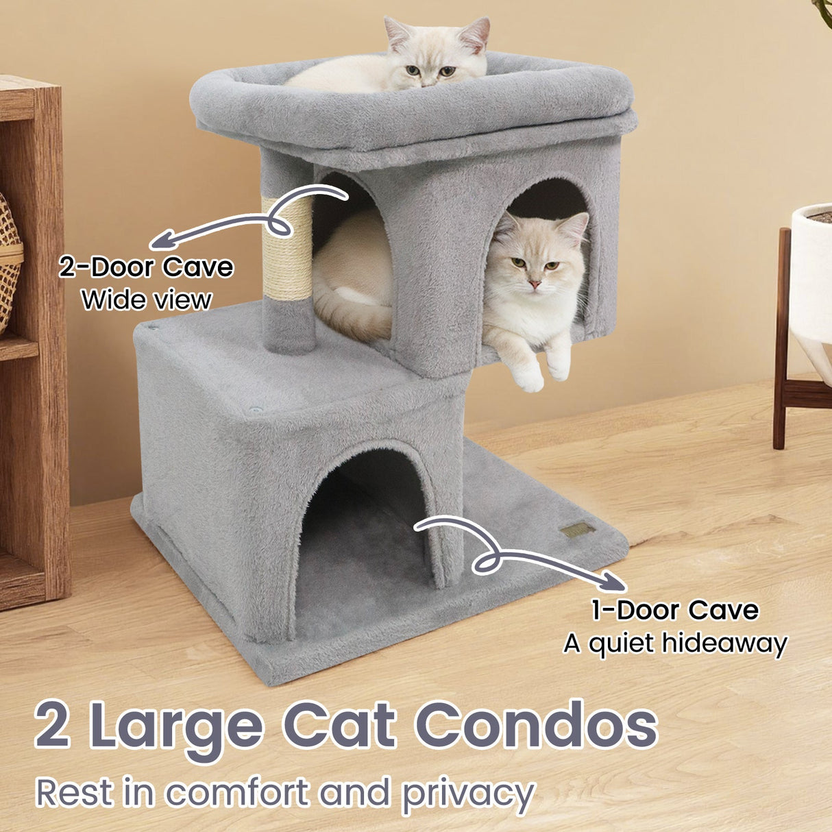 Árbol rascador moderno para gatos con rascador de ahorro de espacio con percha tapizada y 2 condominios para gatos