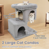 Árbol rascador moderno para gatos con rascador de ahorro de espacio con percha tapizada y 2 condominios para gatos