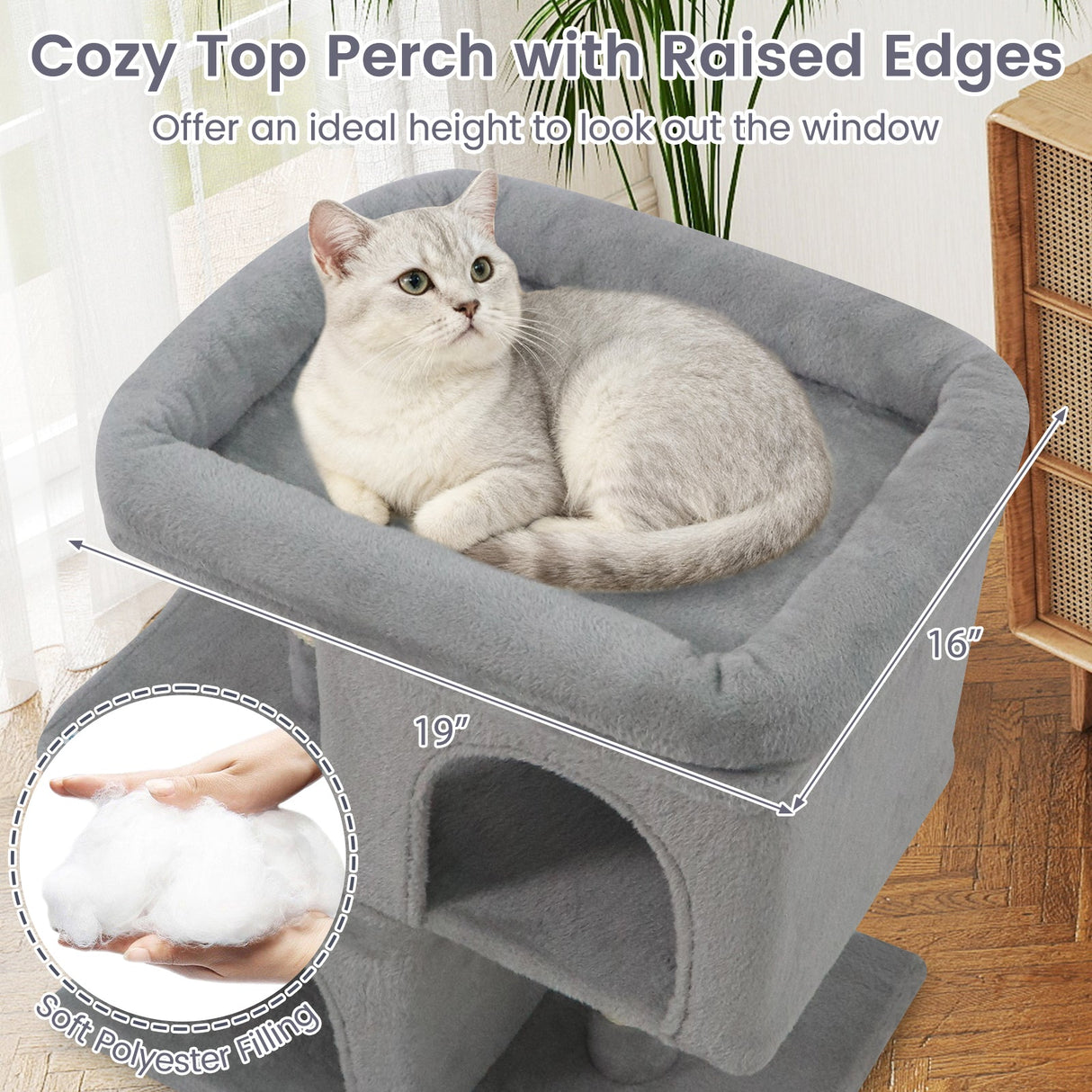Árbol rascador moderno para gatos con rascador de ahorro de espacio con percha tapizada y 2 condominios para gatos