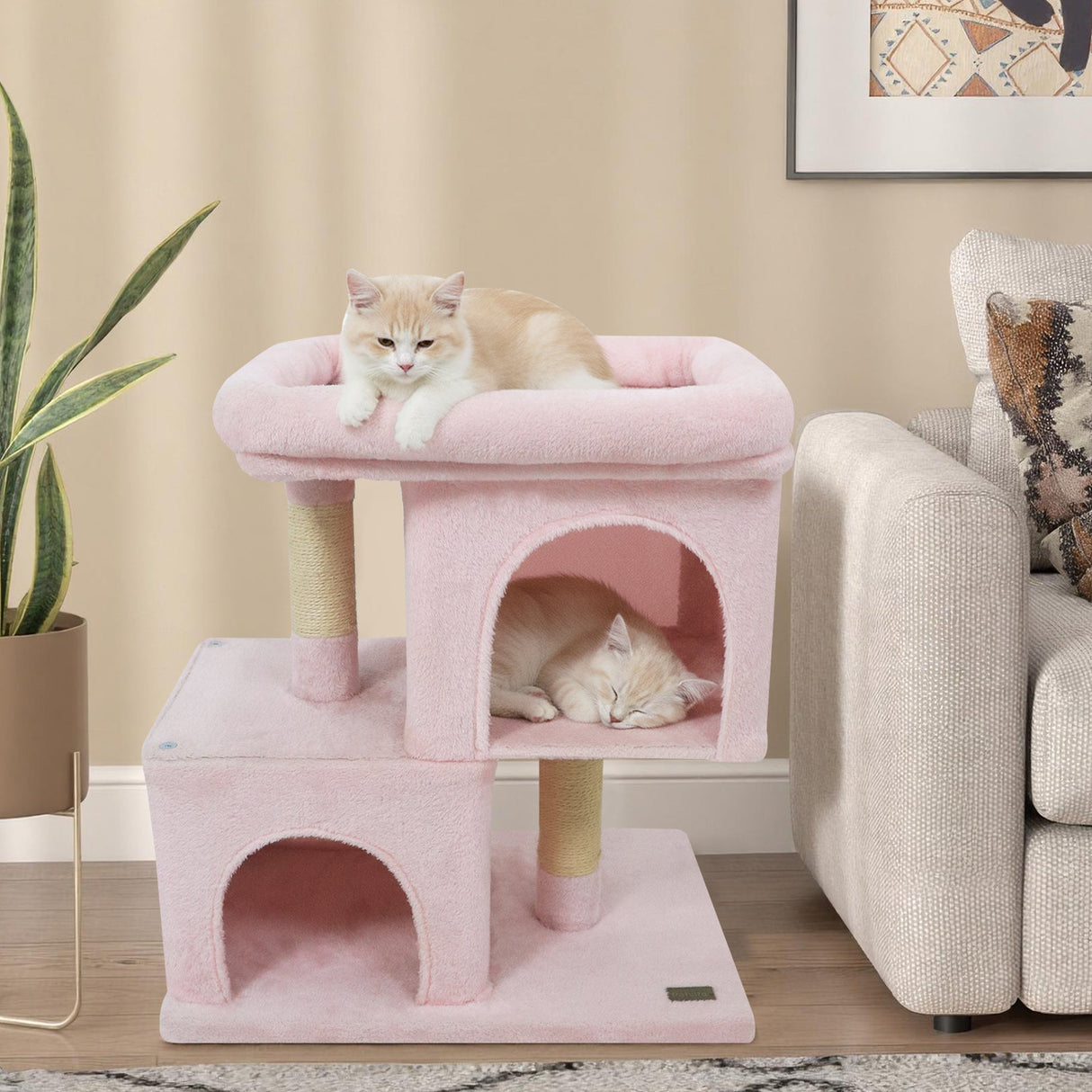 Árbol rascador moderno para gatos con rascador de ahorro de espacio con percha tapizada y 2 condominios para gatos