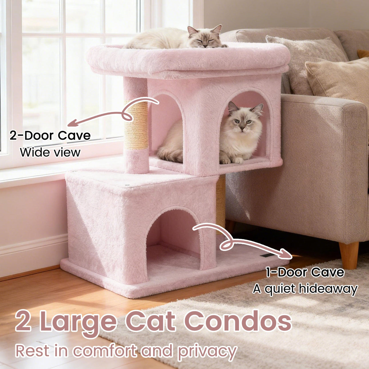 Árbol rascador moderno para gatos con rascador de ahorro de espacio con percha tapizada y 2 condominios para gatos