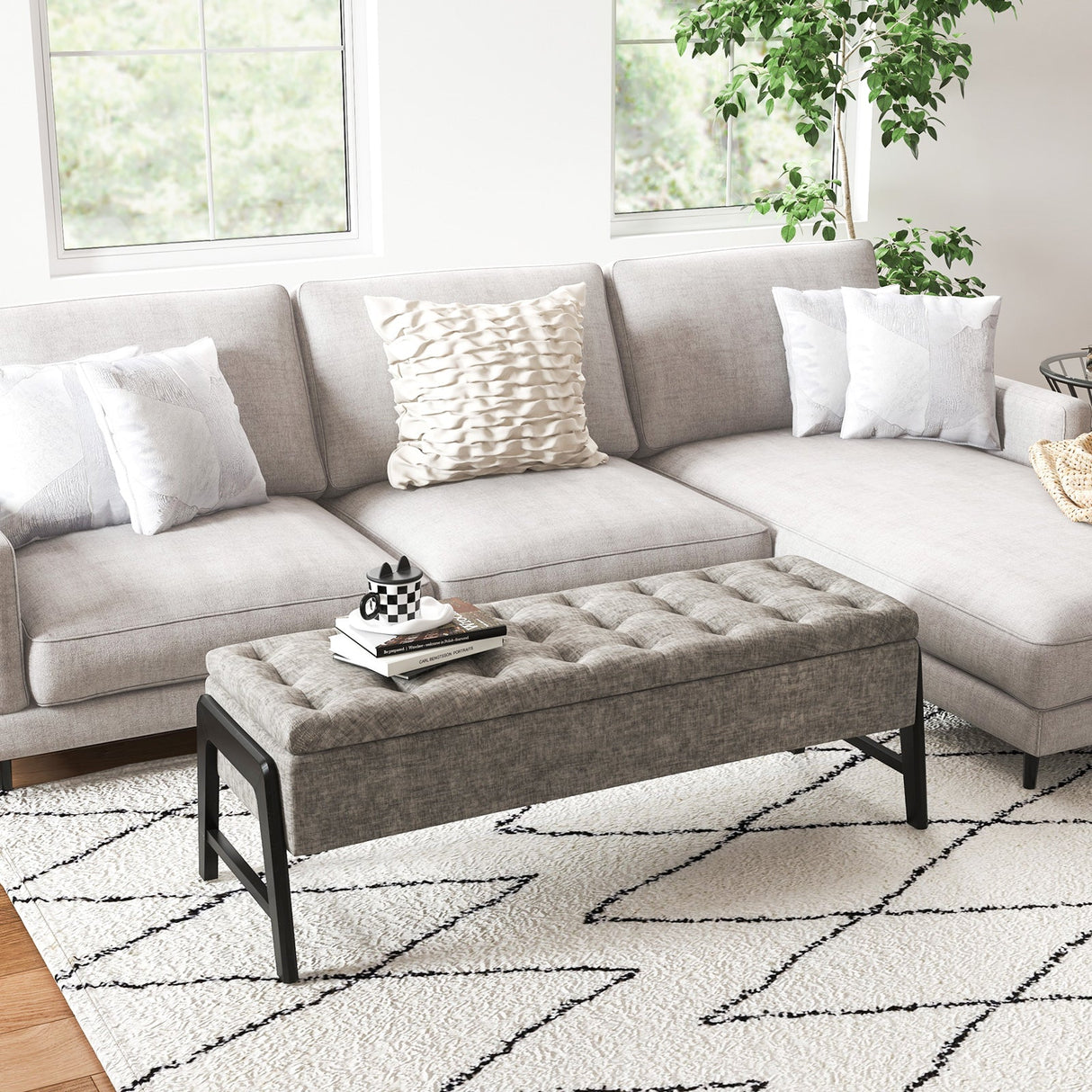 Modern Chenille Storage Bench with Solid Rubber Wood Legs-Gray