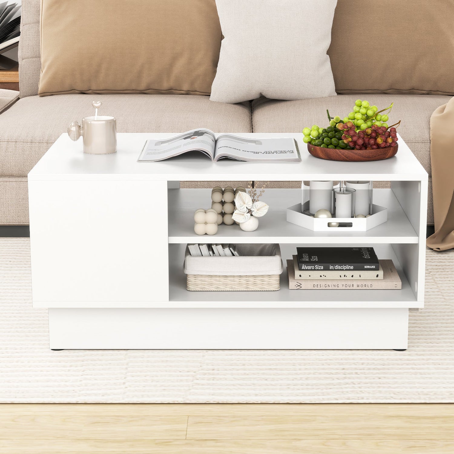 Mesa de centro moderna con estantes abiertos de 2 niveles-Blanco