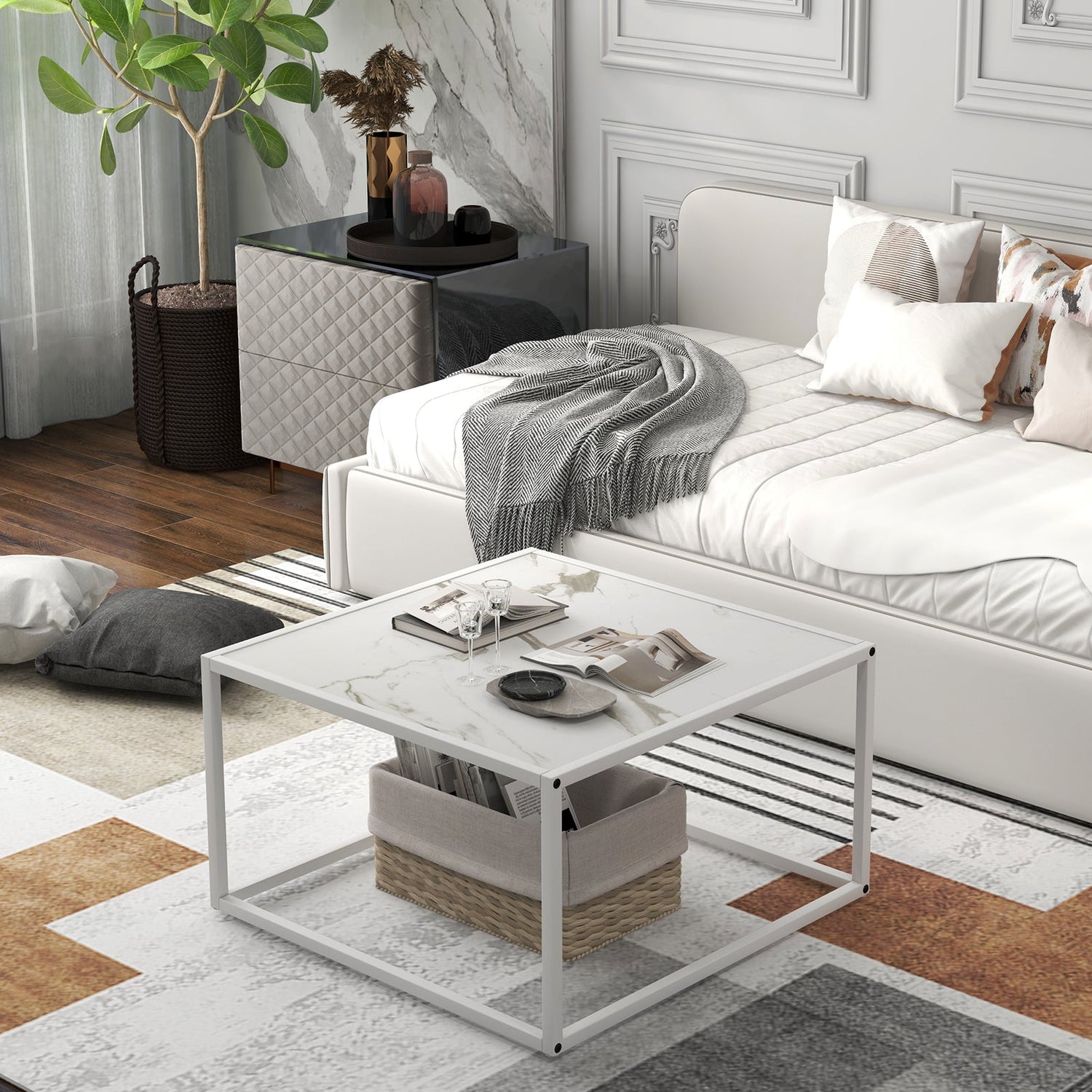 Mesa de centro cuadrada moderna de cristal con estructura de metal para sala de estar