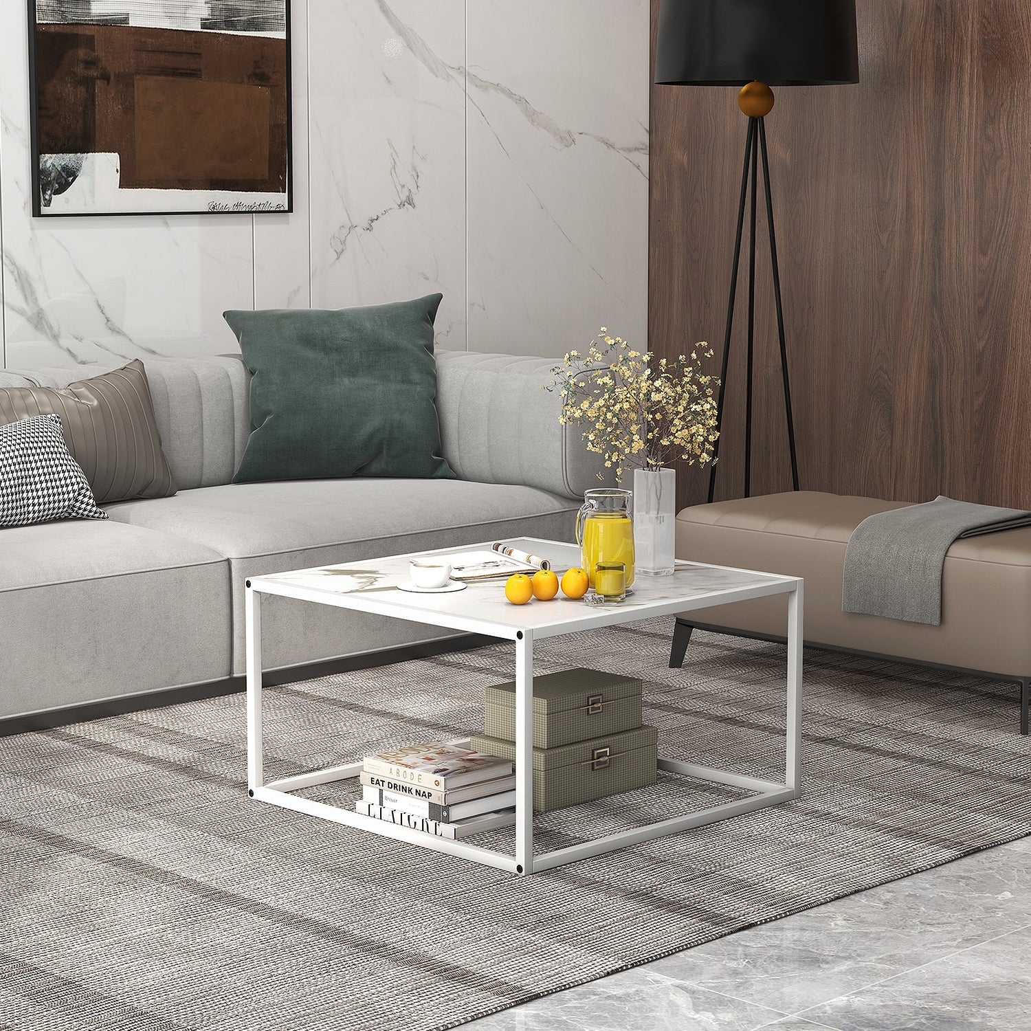 Mesa de centro cuadrada moderna de cristal con estructura de metal para sala de estar