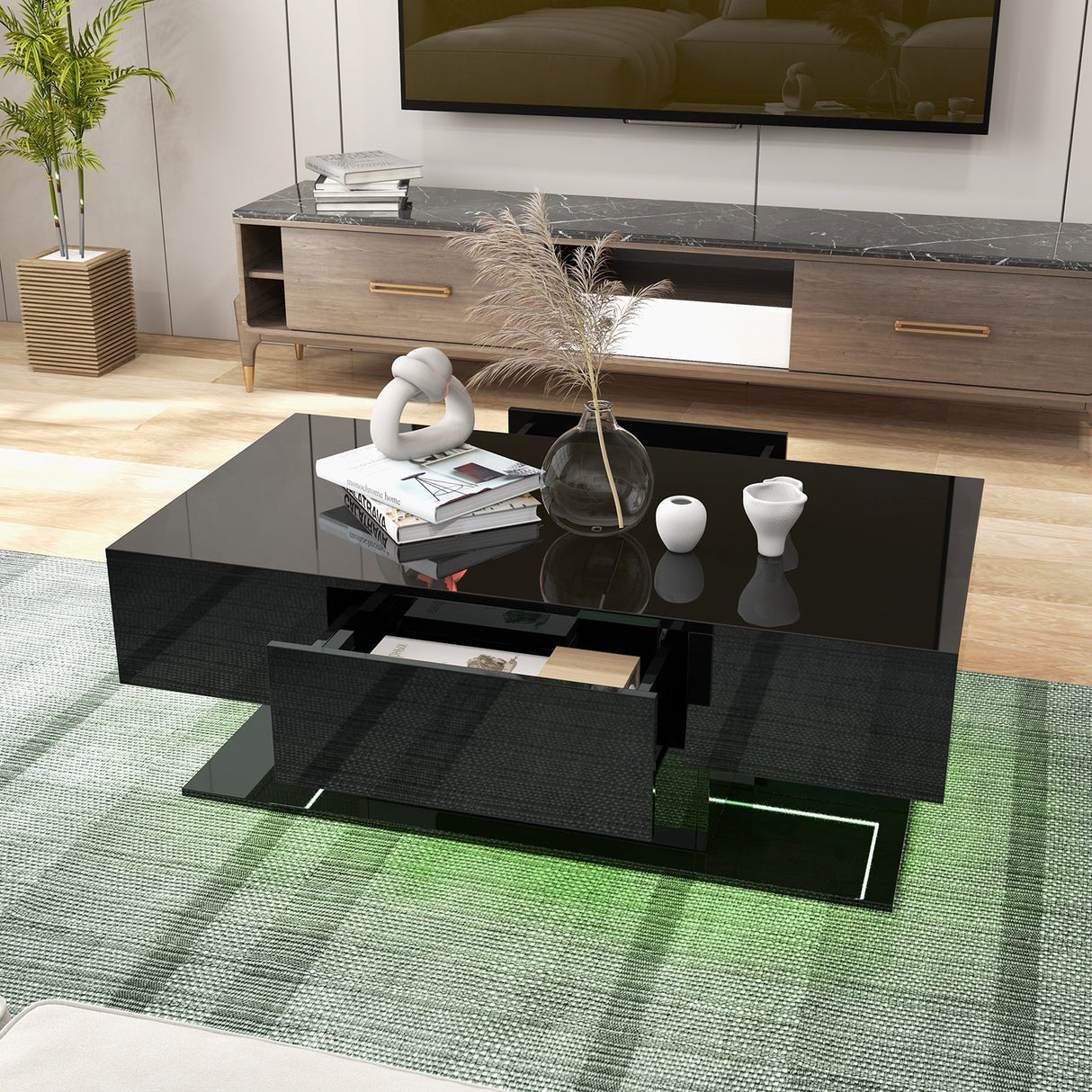 Mesa de centro LED moderna con luces LED de 20 colores y 2 cajones de almacenamiento