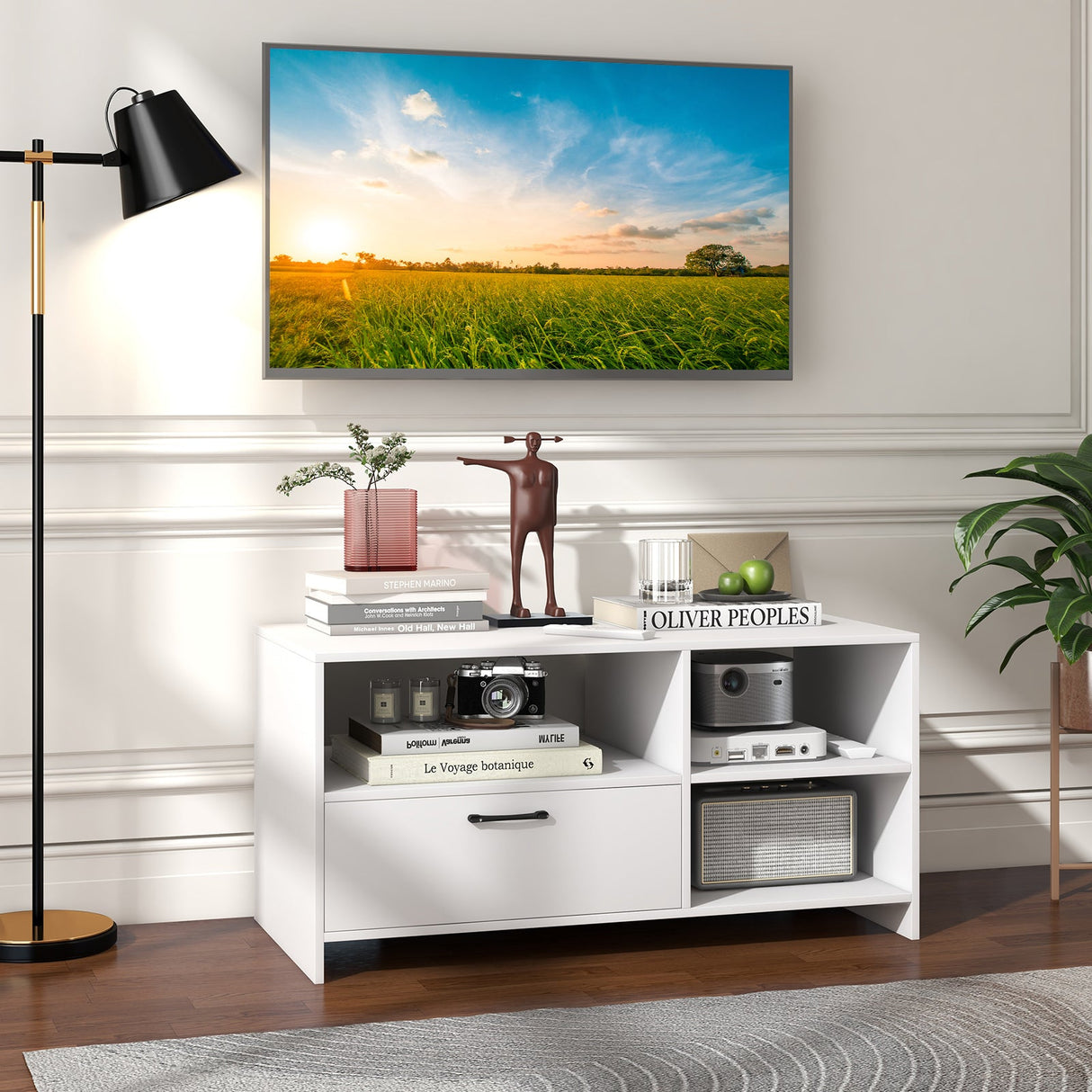 Mueble Moderno para TV con 3 Compartimentos Abiertos y 1 Cajón de Almacenamiento - Blanco