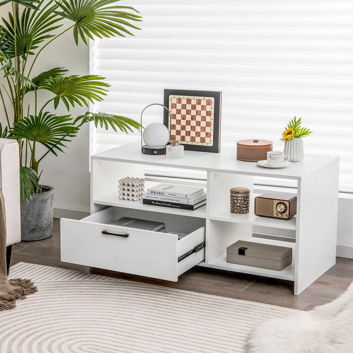 Mueble Moderno para TV con 3 Compartimentos Abiertos y 1 Cajón de Almacenamiento - Blanco