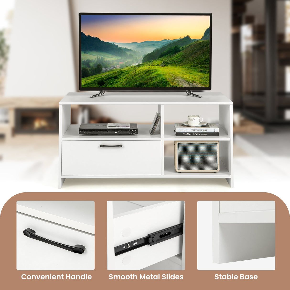 Mueble Moderno para TV con 3 Compartimentos Abiertos y 1 Cajón de Almacenamiento - Blanco