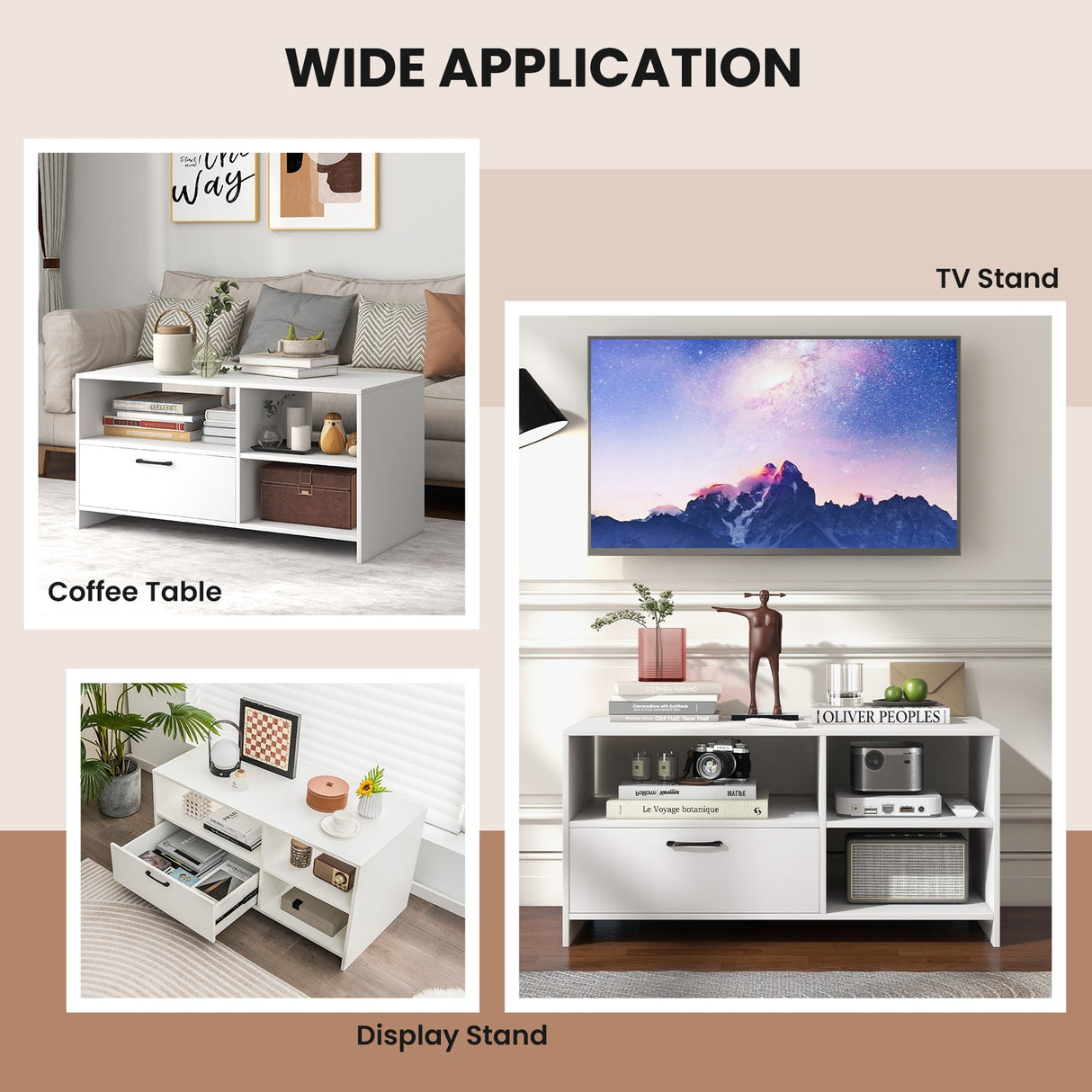 Mueble Moderno para TV con 3 Compartimentos Abiertos y 1 Cajón de Almacenamiento - Blanco