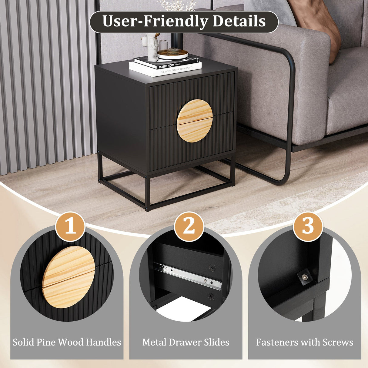 Mesita de Noche Acanalada Moderna de Mediados de Siglo con 2 Cajones y Asas de Madera de Pino para Dormitorio