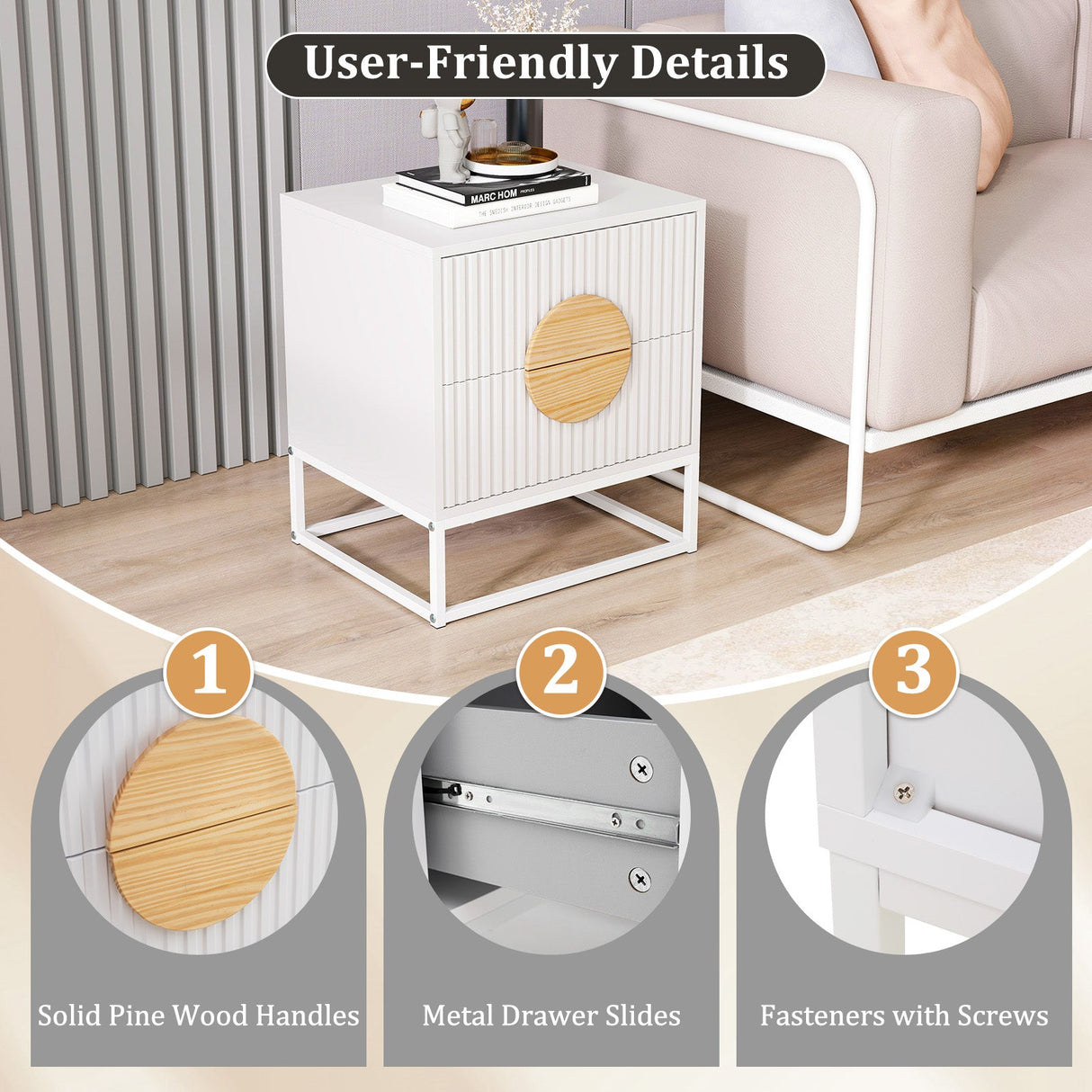 Mesita de Noche Acanalada Moderna de Mediados de Siglo con 2 Cajones y Asas de Madera de Pino para Dormitorio