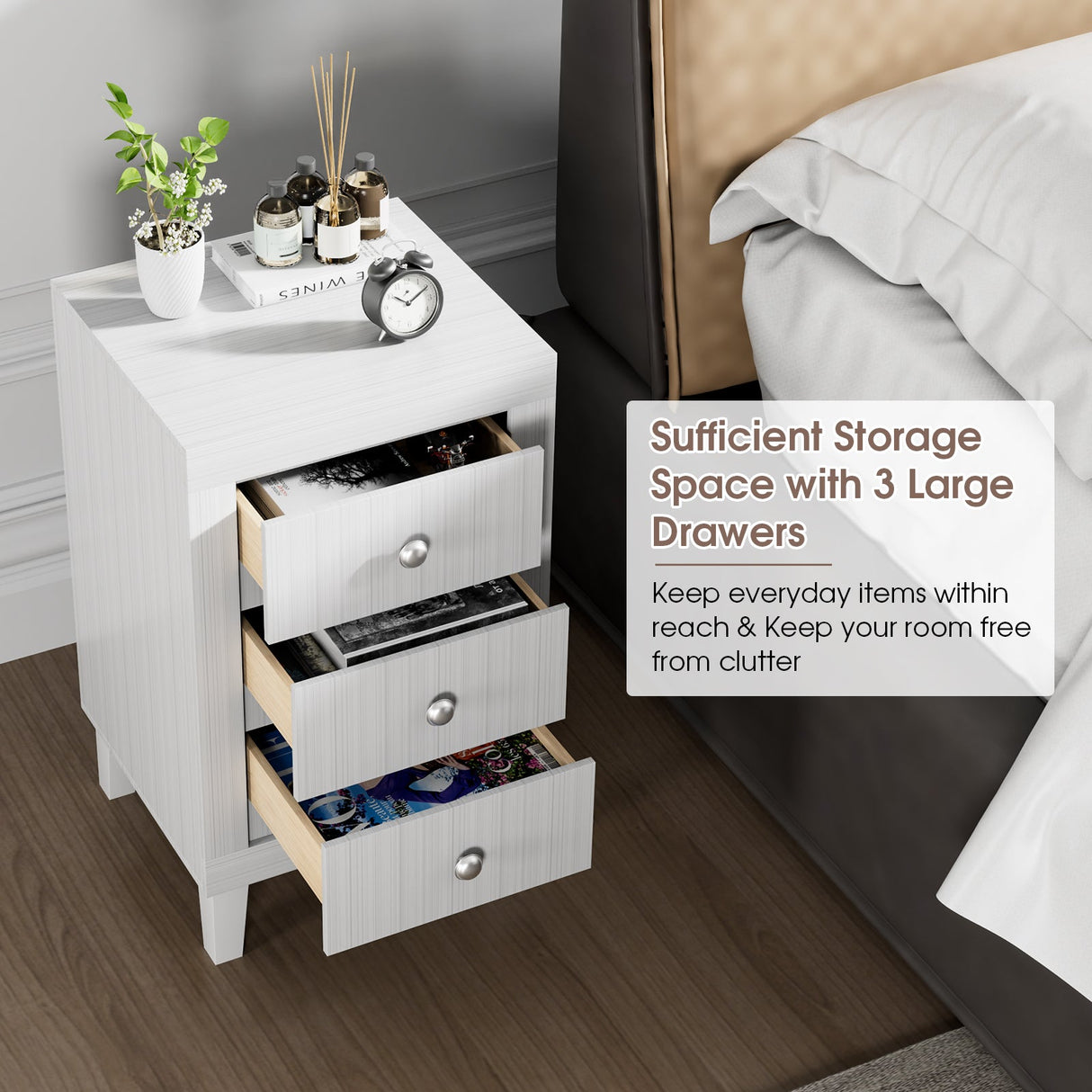 Mesita de Noche Moderna con 3 Cajones para Dormitorio o Sala de Estar